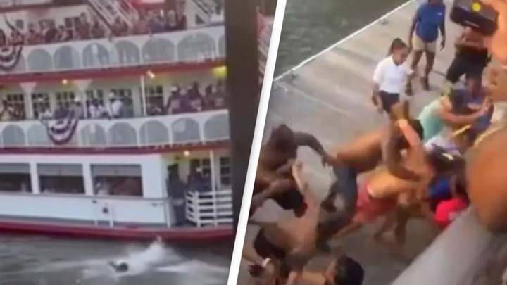 Footage shows man jump from boat and swim to help after massive brawl breaks out on dock