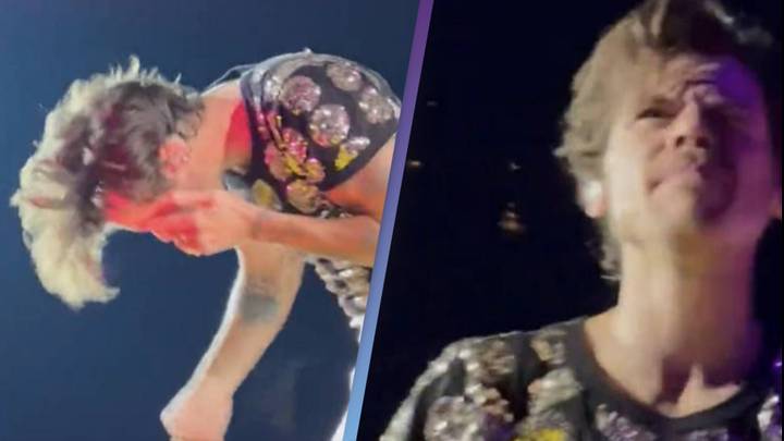Harry Styles hit in the eye mid-concert after fan throws Skittles at him