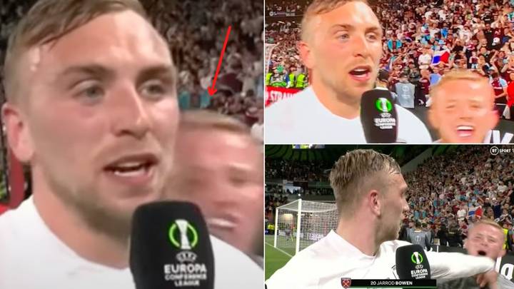 Jarrod Bowen pushes off pitch invader who tries to gatecrash Europa Conference League final hero’s interview