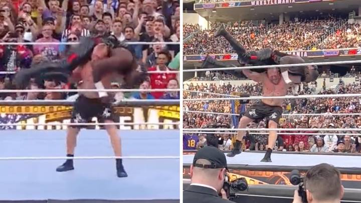 Brock Lesnar lifts up 7 ft 3 Nigerian Giant Omos and delivers F5 at WrestleMania