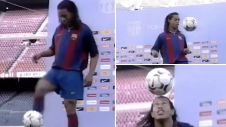 Ronaldinho signed for Barcelona 20 years ago today and his skills at the transfer presentation are still insane