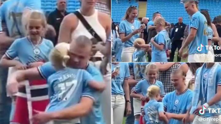Unseen footage from City’s on-pitch celebration shows Haaland looking after his teammates’ children