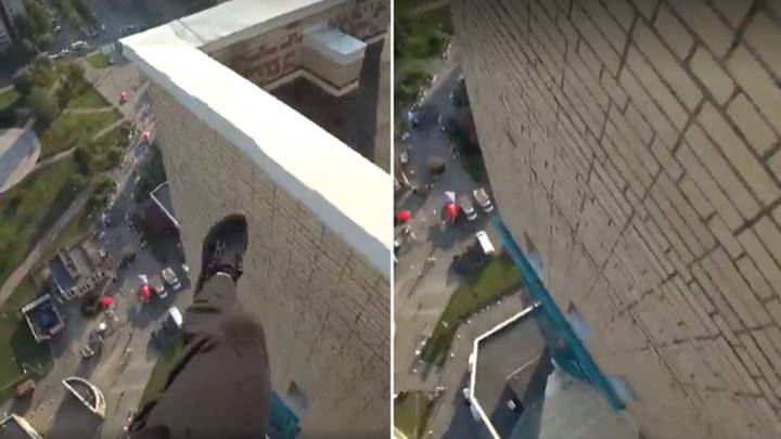 Parkour runner misses his jump and falls off high-rise building