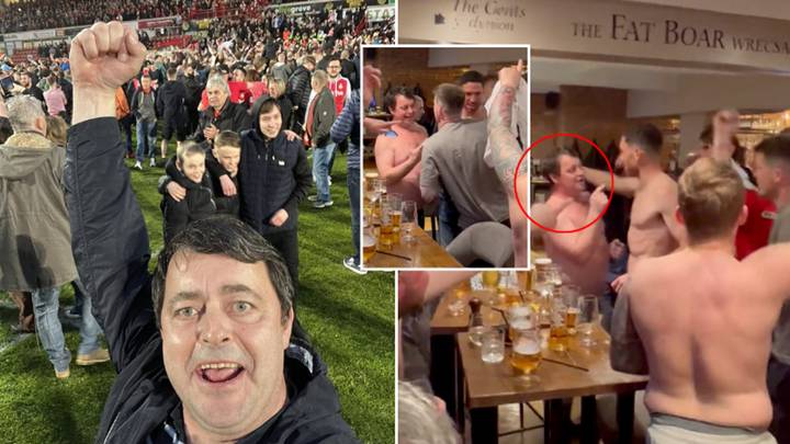 Footage of a topless Bootlegger celebrating with Wrexham players in pub emerges