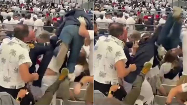 Man is thrown down three rows in shocking footage of England fans fighting