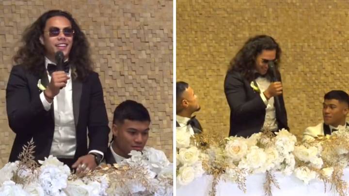 Brian To'o stares daggers at Jarome Luai as he makes wild best man speech at teammate's wedding