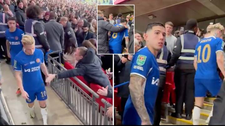Enzo Fernandez had to be restrained when Liverpool fan mocked Chelsea flop after Carabao Cup final loss