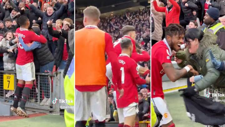 Incredible pitchside footage shows Man Utd players going into crowd to celebrate winner vs Man City