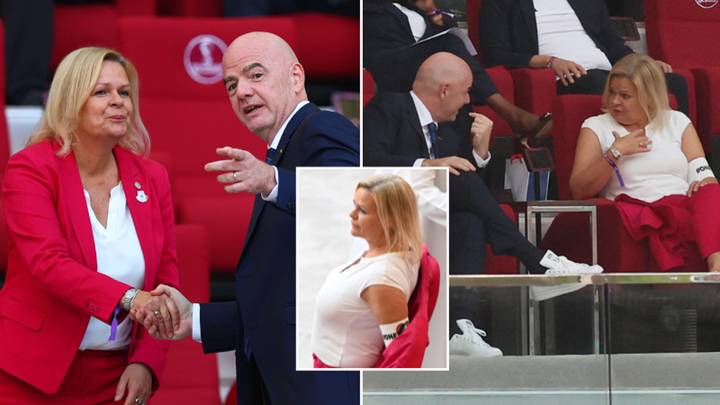 German politician Nancy Faeser sat next to FIFA president Gianni Infantino wearing a OneLove armband