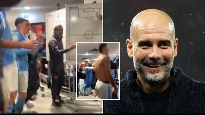Footage of Man City's wild dressing room celebrations at Old Trafford has emerged
