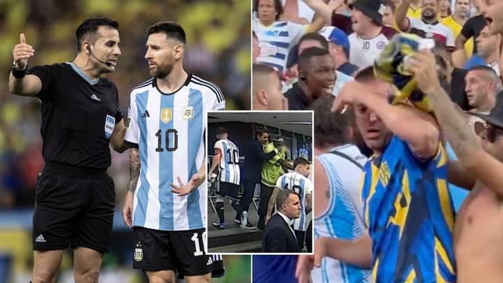 Lionel Messi seen leading his team off the pitch as police clash with fans before Brazil vs Argentina