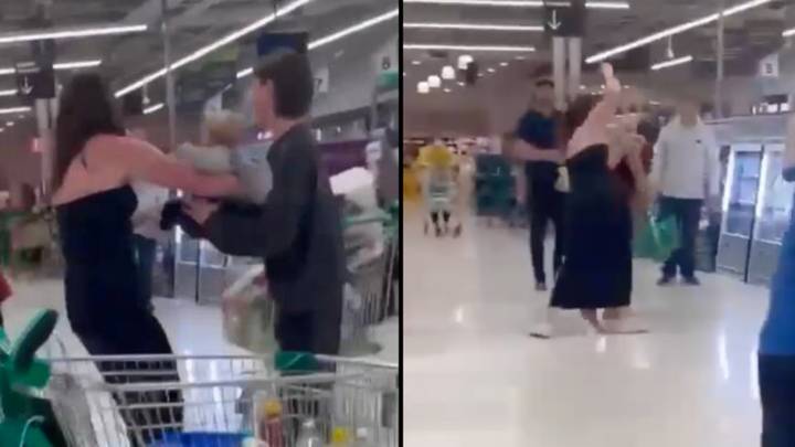 Woman hands over her baby to get involved in a huge supermarket brawl