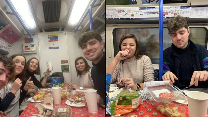 Students take Christmas dinner and dining table on London Underground