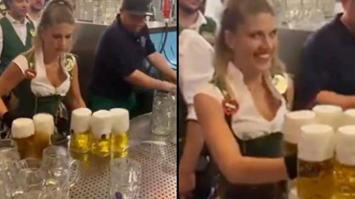 Oktoberfest waitress divides opinion with ‘remarkable’ beer carrying skill