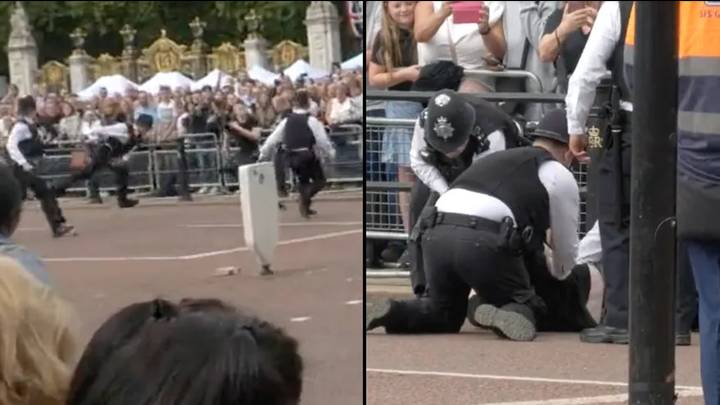 Police tackle man to the ground after he jumps barrier in front of King Charles III's car