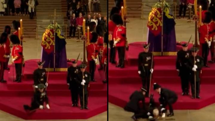 Royal guard collapses alongside the coffin of Queen Elizabeth II