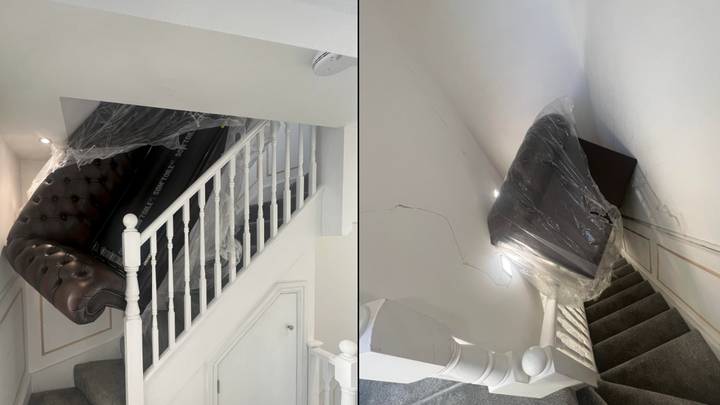 Homeowner furious after 'delivery drivers wedge new sofa' in staircase