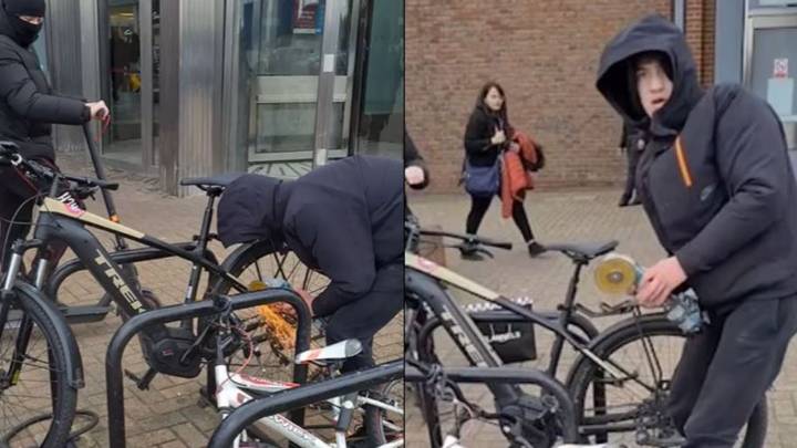 Thief Casually Cuts Through Lock Of £3,000 Bike With Angle Grinder In Broad Daylight 