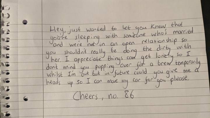 Man Leaves 'Very British' Note To Person Sleeping With His Wife
