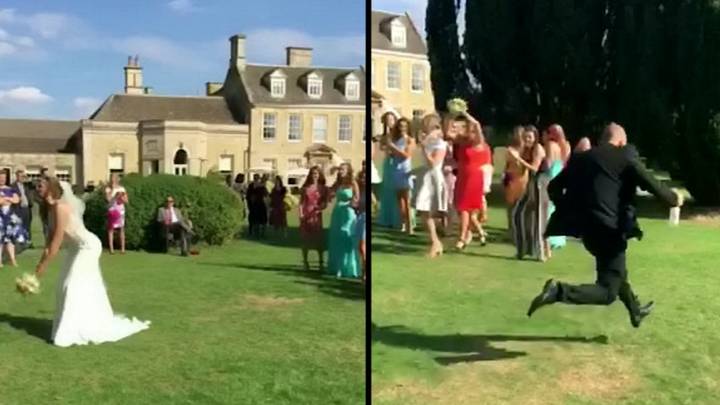 Boyfriend Runs Away After His Girlfriend Catches A Bride's Bouquet