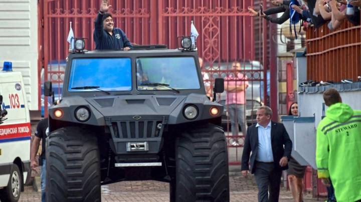 Diego Maradona Arrives At His New Club In A Tank