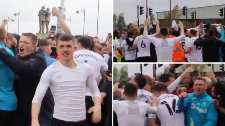 Derby Players Celebrate With Fans Outside Stadium After Avoiding ...