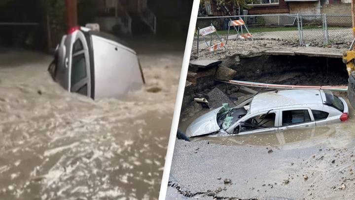 Car Swallowed Up By Huge Sinkhole