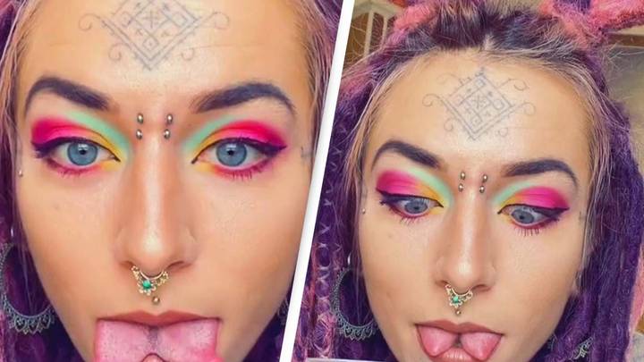 Body Modification Addict With Split Tongue Tries To Taste Two Things At The Same Time