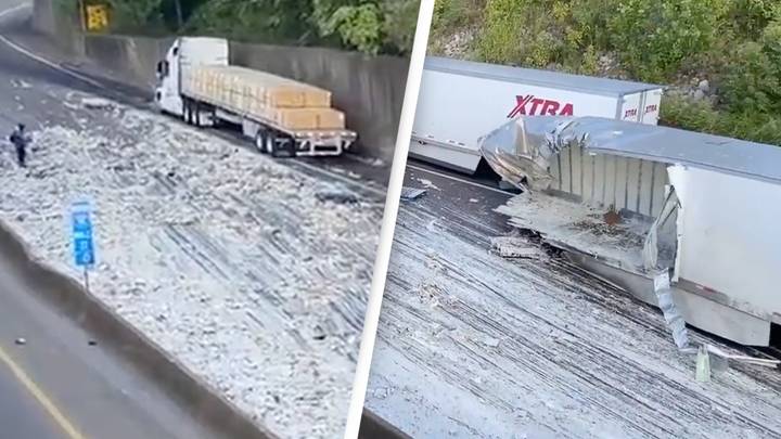 Chaos as tractor-trailer spills Alfredo sauce all over highway