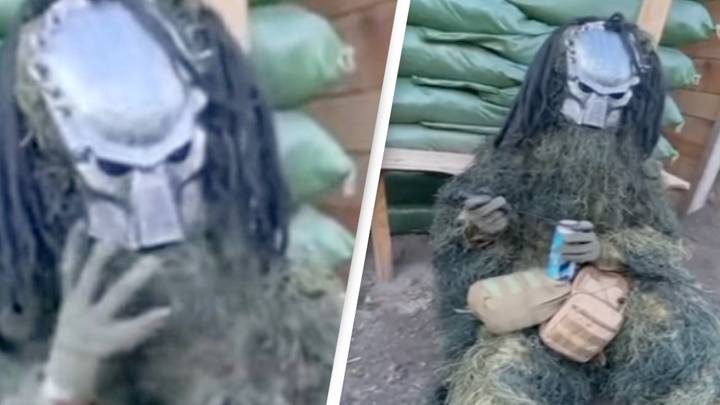 Ukrainian Sniper Fights Russia Dressed As Predator Wielding Knife And Energy Drink
