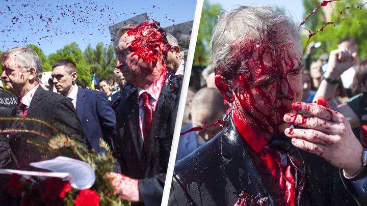 Russian Ambassador Covered In Blood-Red Paint By Protesters