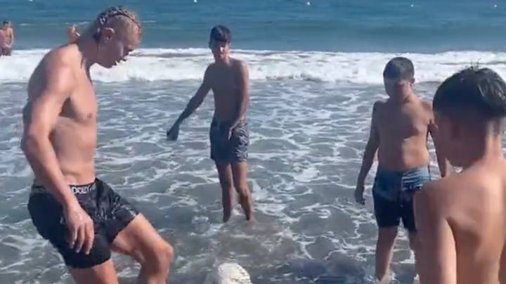 Watch: Erling Haaland Stuns Lads By Joining In Beach Football Game On Holiday