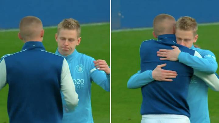 Ukrainian Duo Oleksandr Zinchenko And Vitaliy Mykolenko Share Wonderful Embrace Before Everton vs Manchester City