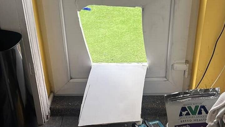 Family Horrified After Burglar Cuts Massive Hole In Front Door While They're Out