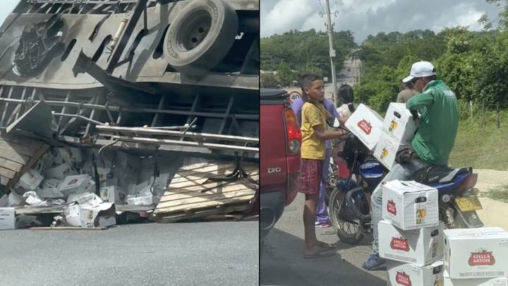 Locals load up on crates of Stella and run after truck overturns on road