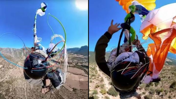 Terrifying Moment Paraglider Starts Plummeting To Ground After His Lines Get Tangled In Heavy Winds