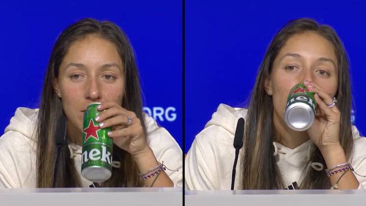Tennis player drinks can in press conference after losing in the US Open