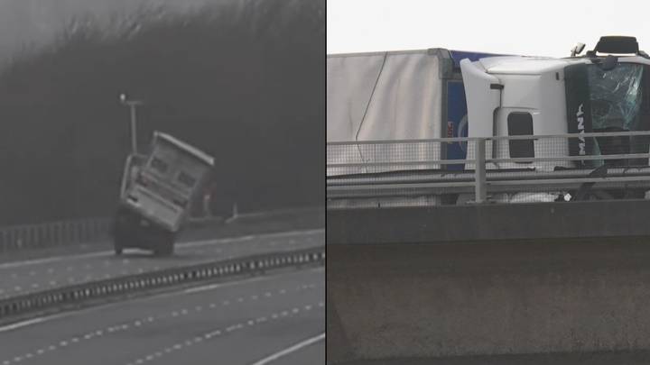 Terrifying Moment Storm Eunice Blows Lorry Over In 88mph Winds On Motorway