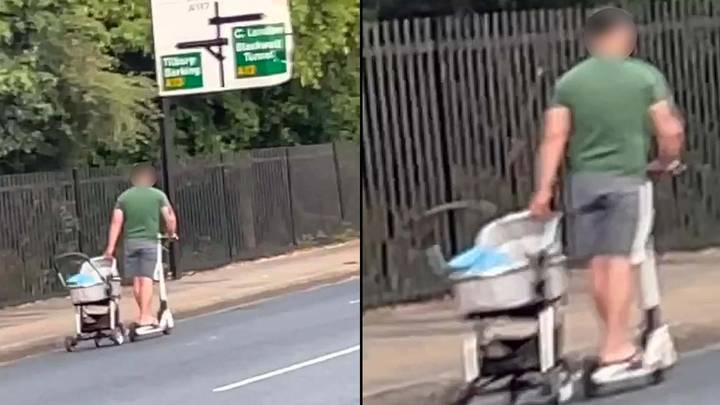 'Reckless' Man Drags Pram Down Busy Road While Riding E-Scooter