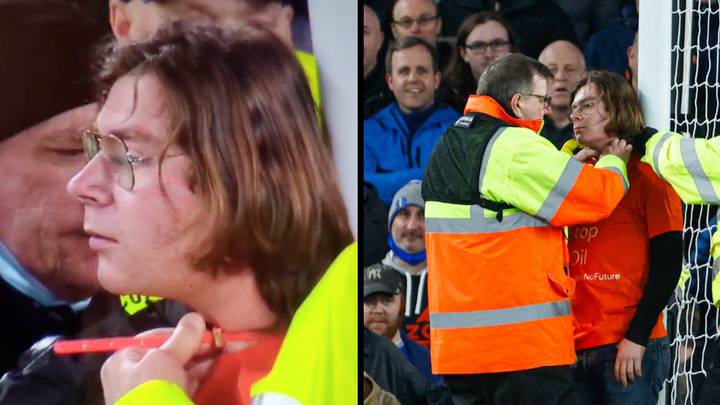 Protester Ties Himself To Goal Post Bringing Everton Vs Newcastle Game To Standstill