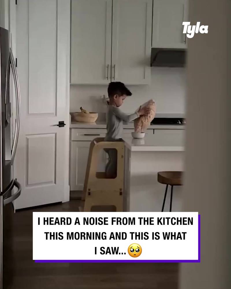 Adorable brother makes breakfast for his baby sister