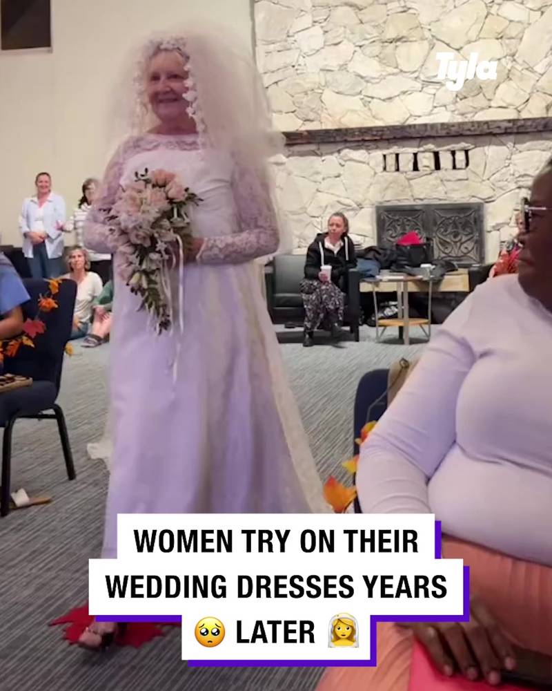 Women try on their wedding dresses years later
