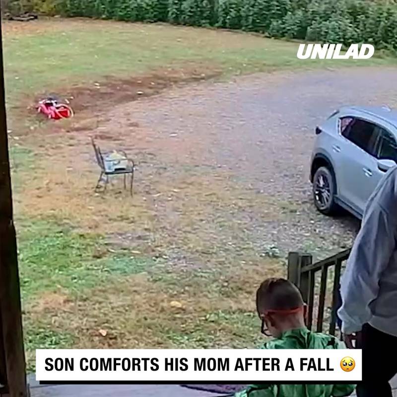 Son comforts mom after she falls