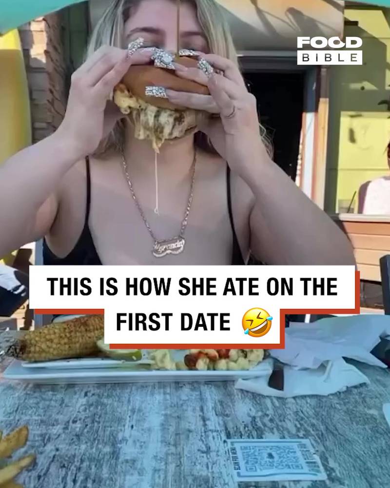 Husband shows how his wife ate on their first date