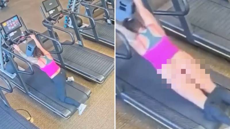 Woman's leggings fly off after she trips over on treadmill
