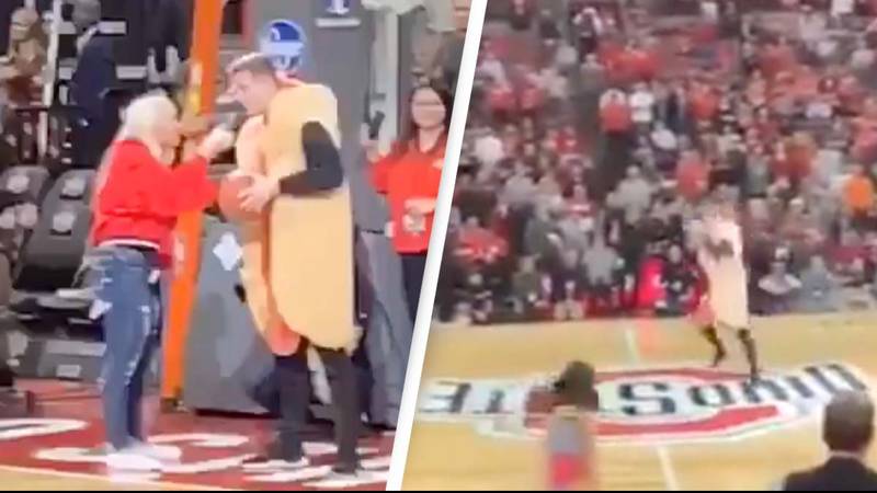 Man in hotdog costume delivers incredible chat-up line to interviewer before shooting basket