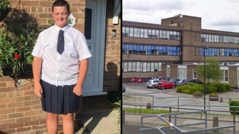 男孩在抗议老师的决定禁止沸腾的短裤时穿裙子上学