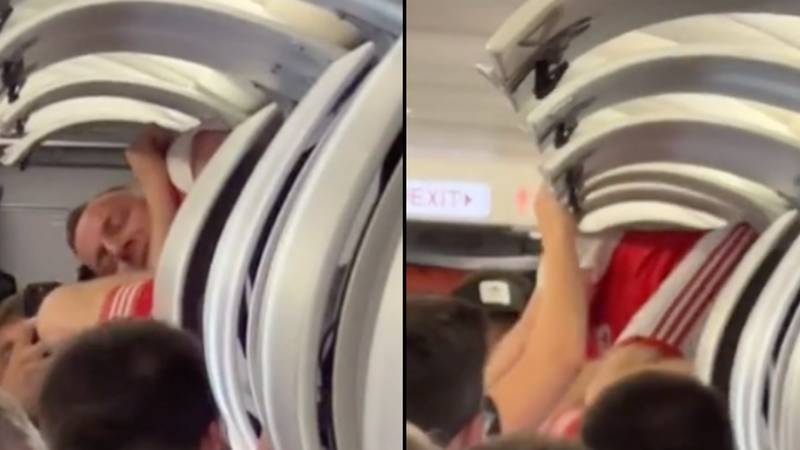 Lad on stag do wakes up from Ibiza holiday in Ryanair overhead carriage