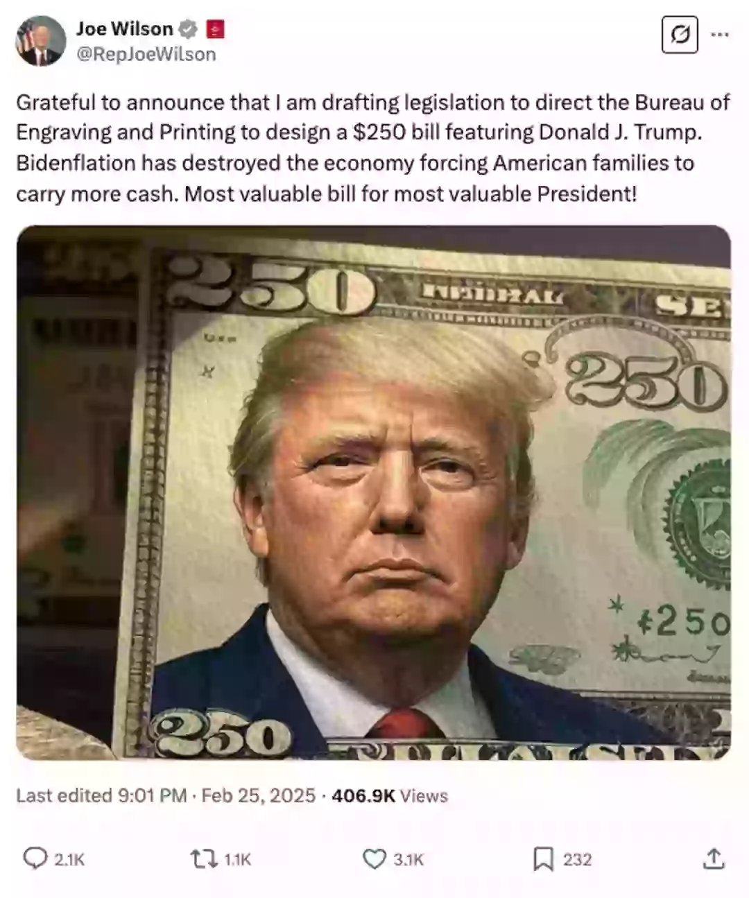 Congressman proposes new $250 bill with Donald Trump's face on it and ...