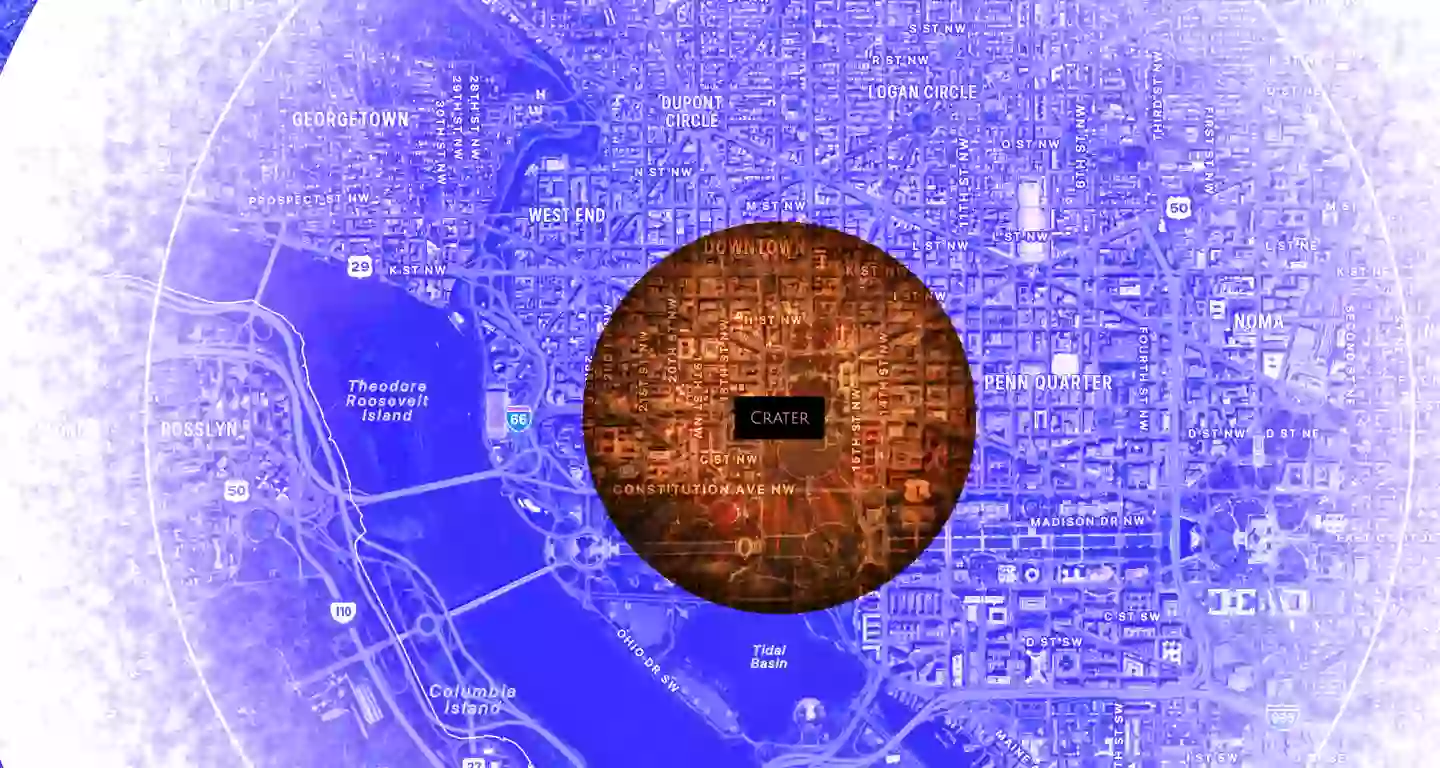 The asteroid's potential impact on Washington DC, (Asteroid Launcher / NealFun).